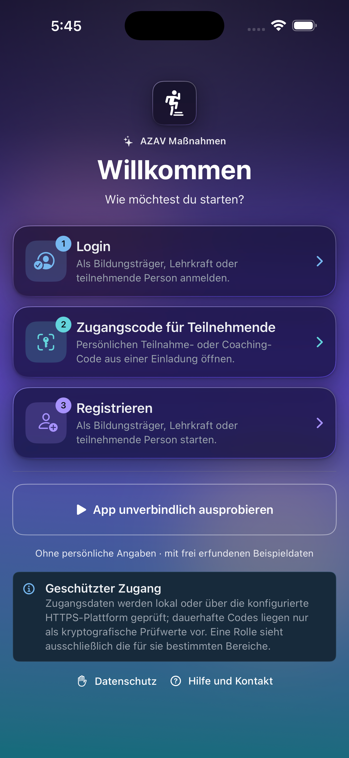 AZAV Maßnahmen — Willkommensbildschirm