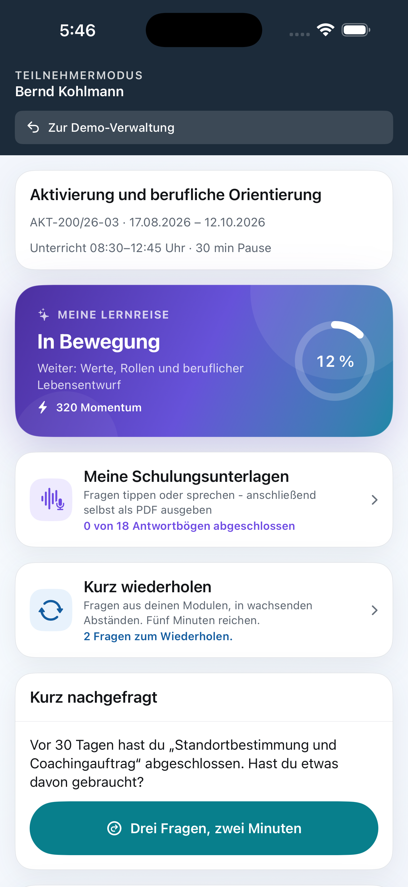 AZAV Maßnahmen — Teilnehmermodus